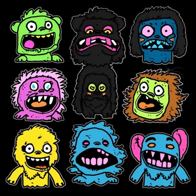 a set of black line clipart inspired by sushi and zombies and muppets and Care Bears and Funko Pop toys