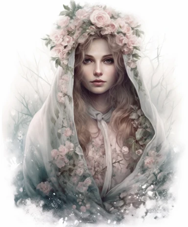 isolated on white illustration watercolor art of a portrait of beautiful feminine princess, overgrown with white and light pink roses and flowers, covered with snow and ice, a lot of moss and branches, lace and embroidery, trees, fur cape, masterpiece by Tom Bagshaw style and by Hans Zatzka style and by James C. Christensen style and by Alexander Jansson style, Baroque fashion, PNG clipart, isolated on white, white background, extreme photorealistic details, 32k HD resolution, realistic high det