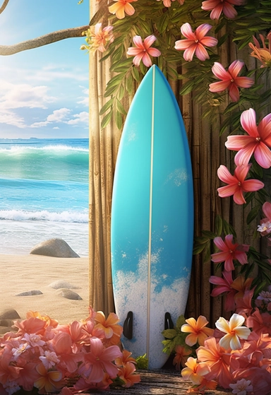 surfer surfboard and flower clipart, in the style of unreal engine 5, hyperrealistic murals, 32k uhd, i can't believe how beautiful this is, seaside scenes, airbrush art, tinycore
