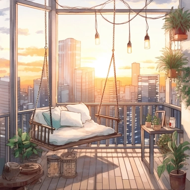 watercolor, hyper realistic, white background, white margins, 16k, ultra detailed clipart, cut out image, hand-drawn, whimsical manhwa style, ultra HD, sharp and clean art cozy balcony with a hanging swing chair, decorated with fairy lights and green plants, overlooking a city skyline in the evening