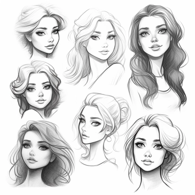 types of girl face cliparts printable, in the style of cute and dreamy, dynamic and expressive animations, pencil sketch