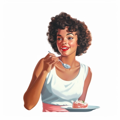 vintage 1950s illustration black woman eating Clipart, on a white background, vintage aesthetic, character focus, 4K resolution, no background, realistic rendering, use using Cinema 4D