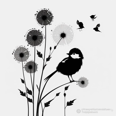 very simple dandelions bird logo clipart svg, black silhouette, white background