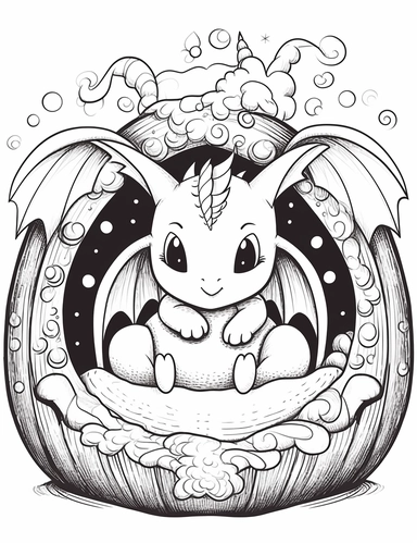 Kawaii dragon curled up in a cozy cave For Simple Coloring page,line art, thick lines, black and white,clipart, illustration, on white background,Detailed,Details
