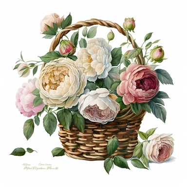 realistic hand painted watercolor of a basket of David Austin English roses, clean white background, clipart