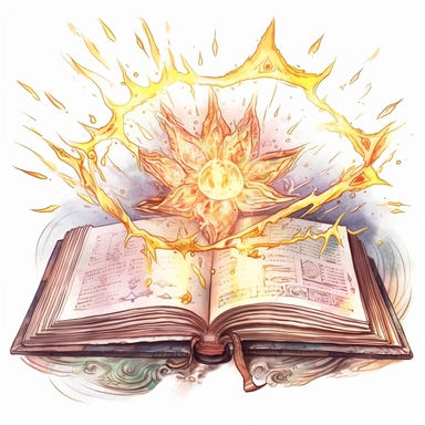 Solid white background, Detailed watercolor open ancient wizard magic book with love magic swelling from the book's pages clipart. The visable pages of the book have glowing etched runes on them visibly.