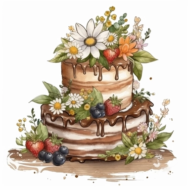 rustic wildflower cake clip art, white background, high res 4k