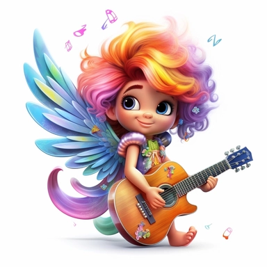 a beautiful fairy, rock star with guitar, rainbow colors, cartoon, big wings, clipart, white background