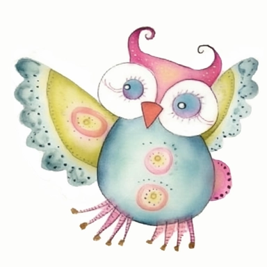 beautiful cute whimsical owl, photorealistic, simplified, doodled by a child, folk art, watercolor texture, soft brush strokes, clipart on white background, high resolution, free margins