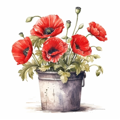 hyperrealism painting , red poppies in a flower pot , white background, watercolor style, farmhouse chic, tempera clipart