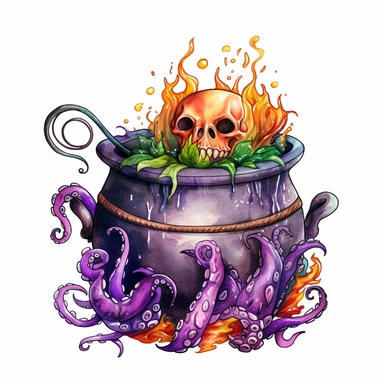 hand drawn black cauldron with bubbling potion, large bone in the cauldron, an octopus tentacle coming out of cauldron and hanging on the side, Halloween, purple orange and green shades, fantasy, glamorous, clipart style, detailed and realistic, watercolor, white background with margins