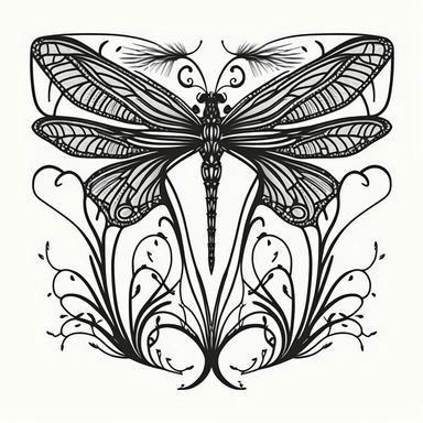 symmetrical dragonfly style fairy wings in art nouveau style, black lines, detailed, flat design, white background, clipart style, black and white,