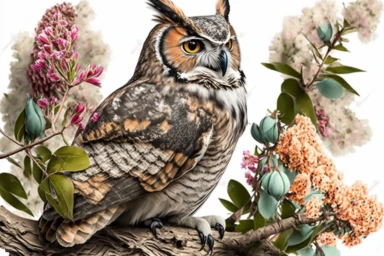Floral Great horned owl Sublimation Clipart. multicolor spring flowers. Ultra High Realistic. ultra high resolution, Isolated on White Background. 32K ,