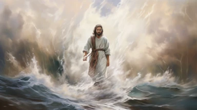 make this a clipart. Show a epic ultra realistic faded water color picture of Jesus Christ facing the camera walking with feet on top of stormy water and calming the storm, soft, kind look on his face looking forward at the camera, light eminating from Jesus