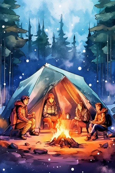 create a hand drawn watercolor clipart depicting campfire surrounded by tent, camping gear, and people enjoying the warmth of the fire, 4k,