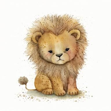 A cute baby lion , jellycat, stylised hand painted textures, stylized digital art, baby lion, rough paper texture, baby lion, highly detailed muted colors,watercolor texture, setteidreams colour design, finger blend shading, stippled walls,amazing textured brush strokes, illustrated in whimsical style, childrens book illustration, clipart style, white solid background , no watermark, remove watermark, no text, remove text, no writing, remove writing