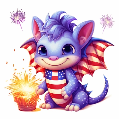 illustration of cute purple baby dragon in red white and blue american flag colors, celebrating 4th of july with fireworks, clipart svg, white background
