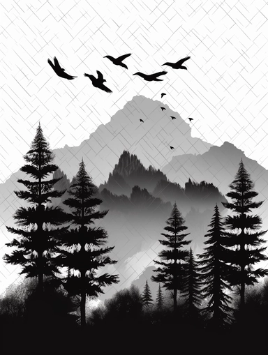 mountain silhouettes download cliparts, in the style of bob ross, alex katz, tattoo-inspired, birds-eye-view, wood, black and white contrast, charles addams