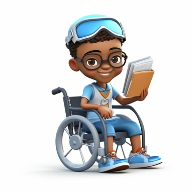 cute 3d cute little boy historian clipart, various ethnicities, in modern wheelchair, full body, on white background