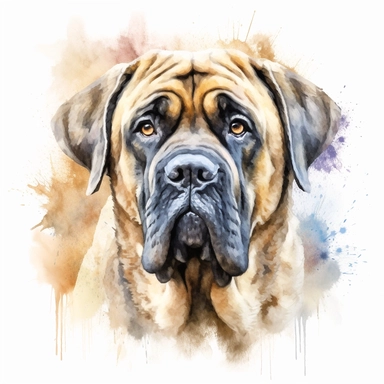 A majestic portrait of an English Mastiff, capturing its powerful and regal presence, with a focus on the expressive eyes and distinctive facial features, with a white background and watercolor clipart.