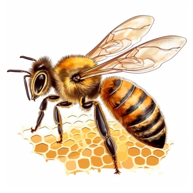 single honey bee on honey hive, vector clipart, saturated colors, isolated on white background, uhd, sharp detail