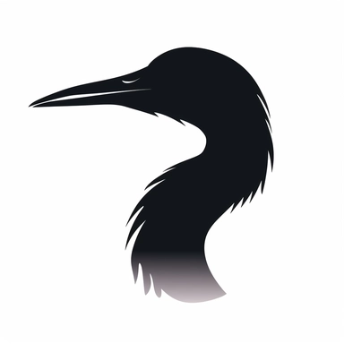 Rounded black Heron head silhouette, clipart, white solid background, simplistic style, close up, iconic, storybook