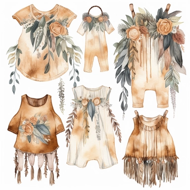 *Design a watercolor clipart featuring bohemian-style baby cloth such as flowy dress, romper, and fringed vest. Use earthy tones and delicate lines to capture the free-spirited vibe, white background