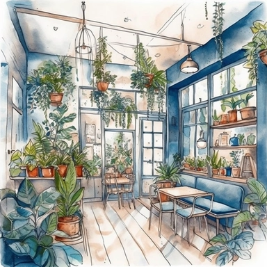 ultra realistic commercial shot of watercolor illustration style of cute cafe room french cafe interior with plants clipart, deep blue theme, glowing plants clipart, delicious pastry, illustration style, 8k trending in etsy, super bright vivid, svg, white background, art nouveau art style, ink contour