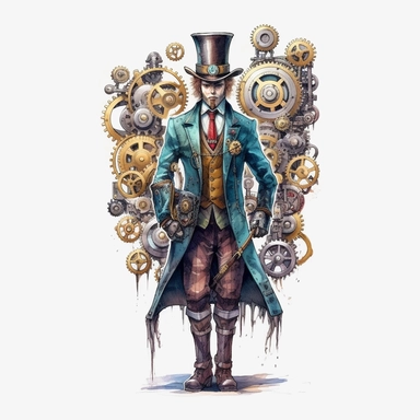 steampunk victorian prototype, full body, watercolor, gears, pinions, calipers, clocks, rivets, top hat, clipart, duo tone, realistic, ultra resolution, vivid detail, 8k, minimal watercolors, white background