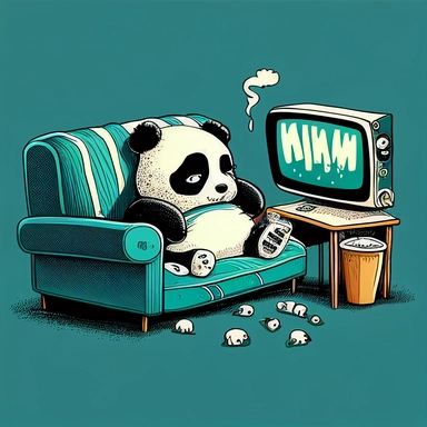 illustration for t-shirt, cartoon, clipart, panda bear lying on a couch, watching TV, looking tired and lazy