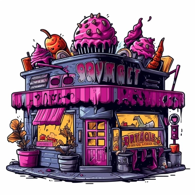 Design clipart for a pastry shop, infusing a bold punk aesthetic throughout. The artwork should include typical pastry shop elements such as cakes, pastries, and coffee mugs, but these should be dramatically reimagined through the lens of punk culture. Think about incorporating elements like spikes, studs, skulls, that rocks, and heavy, angular lines. The color palette should predominantly feature red, gold, blue, and black