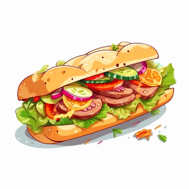 Bánh mì: A Vietnamese baguette sandwich filled with various ingredients such as grilled meats, pâté, and pickled vegetables , simple illustration, cartoon vector style, clipart, white background