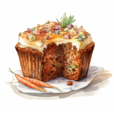 carrot cake, carrot muffin, watercolor, soft pastel, cinematic, romantic, detailed, illustration, white background, clipart, no watermark, no logo, no text,