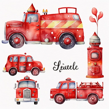 watercolor clipart of a cute red fire station , different lateral standing poses, cute cartoon vehicle, pastel