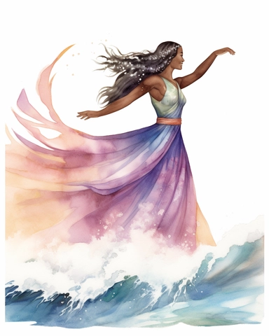 delicate watercolor pastel clipart of a Hawaiian hula dancer dancing in front of huge waves on the beach