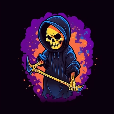 Comic book Grim reaper , shirt design , anime style grim reaper , kwaii grim reaper ,Cute Reaper , simple drawing , kwaii reaper design , logo , PFP , kwaii clip art reaper , Unique shirt design , cartoon style reaper , colourful anime background