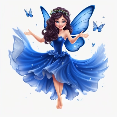 a beautiful smiling fairy girl, royal blue dress, big fairy wings, lovely butterflies all around her, pixar style, full body image, clipart, white background