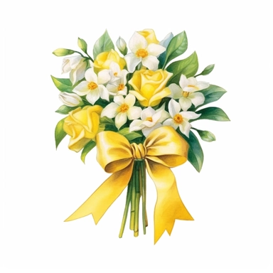 beautiful, bright colors, [Jasmine floral bouquet] with a yellow tied bow ribbon, watercolor, cinematic, dramatic, realistic, very detailed, white background, clipart, medium image size, ar 1:1