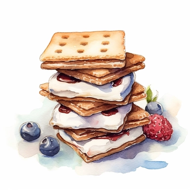 S'mores watercolor clipart, white background, neutral muted colors, high quality, hyperrealistic, detailed, vintage, color palette red, blue, white, picnic