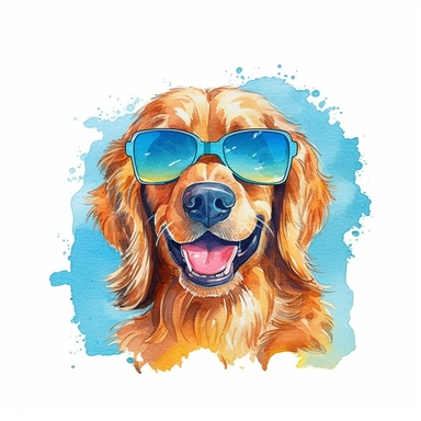 summer, dog with sunglasses, clipart, watercolor, no background, white background, dog