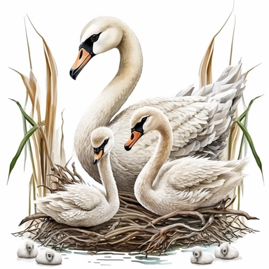 pair of swans with babies in their habitat clipart, white background