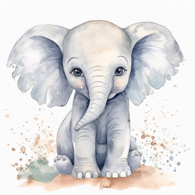 A delightful and charming watercolor clipart of an adorable baby elephant, designed for commercial use. This heartwarming composition captures the innocent charm of the African Safari Zoo animal, set against a crisp white background that accentuates its delicate watercolor textures and playful features. The baby elephant, with its gentle eyes and playful trunk, is skillfully painted in a soothing palette of grays and pastels, encapsulating the essence of nursery-themed art. The clipart emphasize