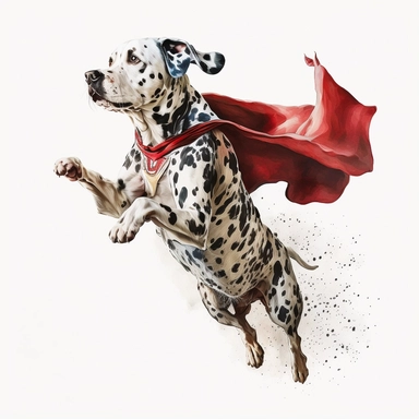 dalmation jumping in mid air wearing a red cape, watercolor clipart, white background, no text or logos,