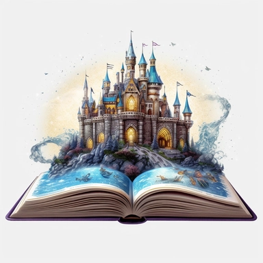 fairy tale castle coming out of the pages of an open book, fantasy, magic sparkling in the air, Fantasy Clipart, PNG Clipart, Illustration clipart, white background, vivid color, 4K, extremely detailed