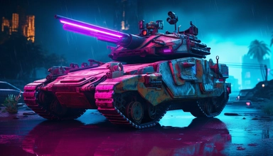 cyberpunk 2077 inspired camouflaged neon amphibious tank with laser turrets, armored amphibious vehicle in post apocalyptic dessert clipart. Cinematic, Ultra-Wide Angle, Depth of Field, hyper-detailed, Unreal Engine, Cinematic, Photoshoot, Shot on 25mm lens, Depth of Field, DOF, Tilt Blur. Shutter Speed 1/1000, F/22, White Balance, 32k, Super-Resolution, Megapixel, Pro Photo RGB, VR, Lonely, Good, Massive, Half rear Lighting, Backlight Natural Lighting, Incandescent, Optical Fiber, Moody Lightin