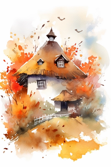 a watercolor clipart on white background of a cozy thatched roof cottage with stone walls and a chimney with smoke coming out, nestled among trees with leaves in shades of red, orange and yellow with vibrant autumn foliage and a pumpkin patch in the garden