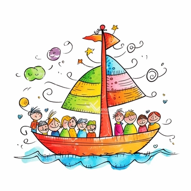 A clip art image of colorful kids doodle boat cartoonish isolated white background, minimalist, 8K, C20