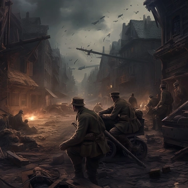 Main content: Soldiers in combat, war vehicles, battleships, fighter planes, war scenes, war propaganda, war refugees, war correspondents, war leaders, concentration camps Environment: European cities, war-torn landscapes, trenches, beaches, forests, bombed cities, warfronts, POW camps, military bases, naval fleets Atmosphere: Intense, chaotic, somber, heroic, fearful, patriotic, tense, desperate, destructive, resilient, victorious, oppressive Lighting: Harsh lighting, searchlights, muzzle flash