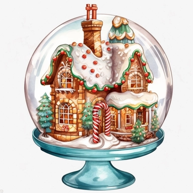 Christmas Gingerbread House Globe, lateral view, clipart, transparent background, clear background, high resolution, watercolor, vector, 12k, 300 dpi, 12: 12 ratio