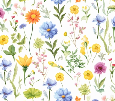 flora, flowers, Watercolor, vector, white background, clipart, Seamless patterns, repeating patterns design, flat illustration, outlined , Vector, 4K, Art station, digital print, highly detailed clean, A detailed illustration a field,3D vector art, cute and quirky, fantasy art, watercolor effect, bokeh, Adobe Illustrator, hand-drawn, digital painting, low-poly, soft lighting, bird's-eye view, isometric style, retro aesthetic, focused on the character, 4K resolution, vector image, photorealistic 